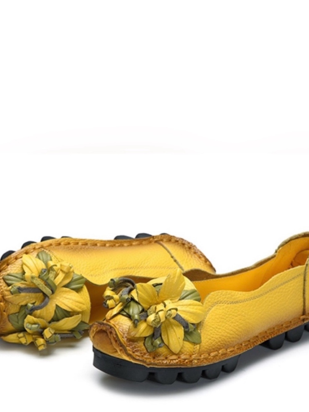 Socofy Yellow Floral Appliqué Slip-On Flats